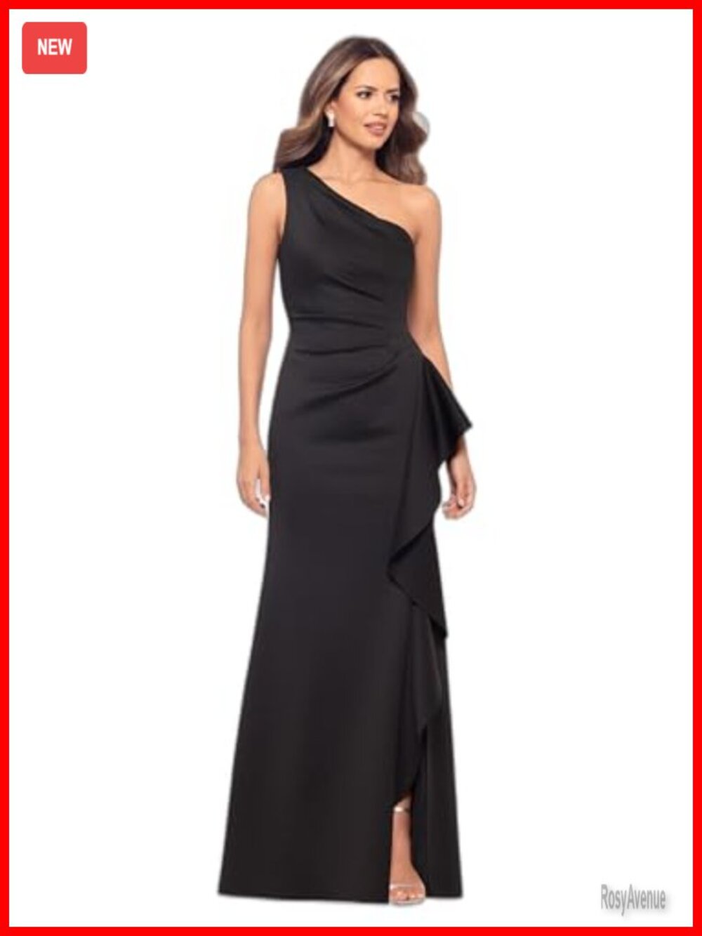 One Shoulder Floor Length Ruched Waist Ruffle Bodice Evening Dress Side Slit